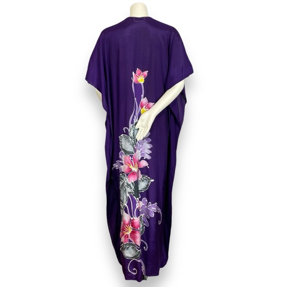 Vintage Kaftan Floral Purple Caftan Women Maxi Beachy Vacation Tropical Hawaiian - Picture 2 of 15